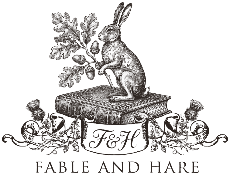 Fable and Hare emblem: an engraved hare holding an oak branch, seated on a leather-bound book above a ribbon and thistles.